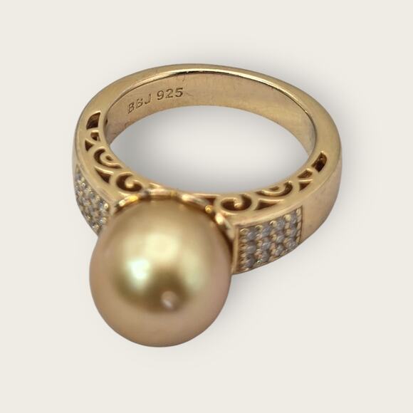 Golden Pearl and Diamond Accent Silver Ring BBJ 925 Size 9 Vintage Jewelry - Picture 2 of 10